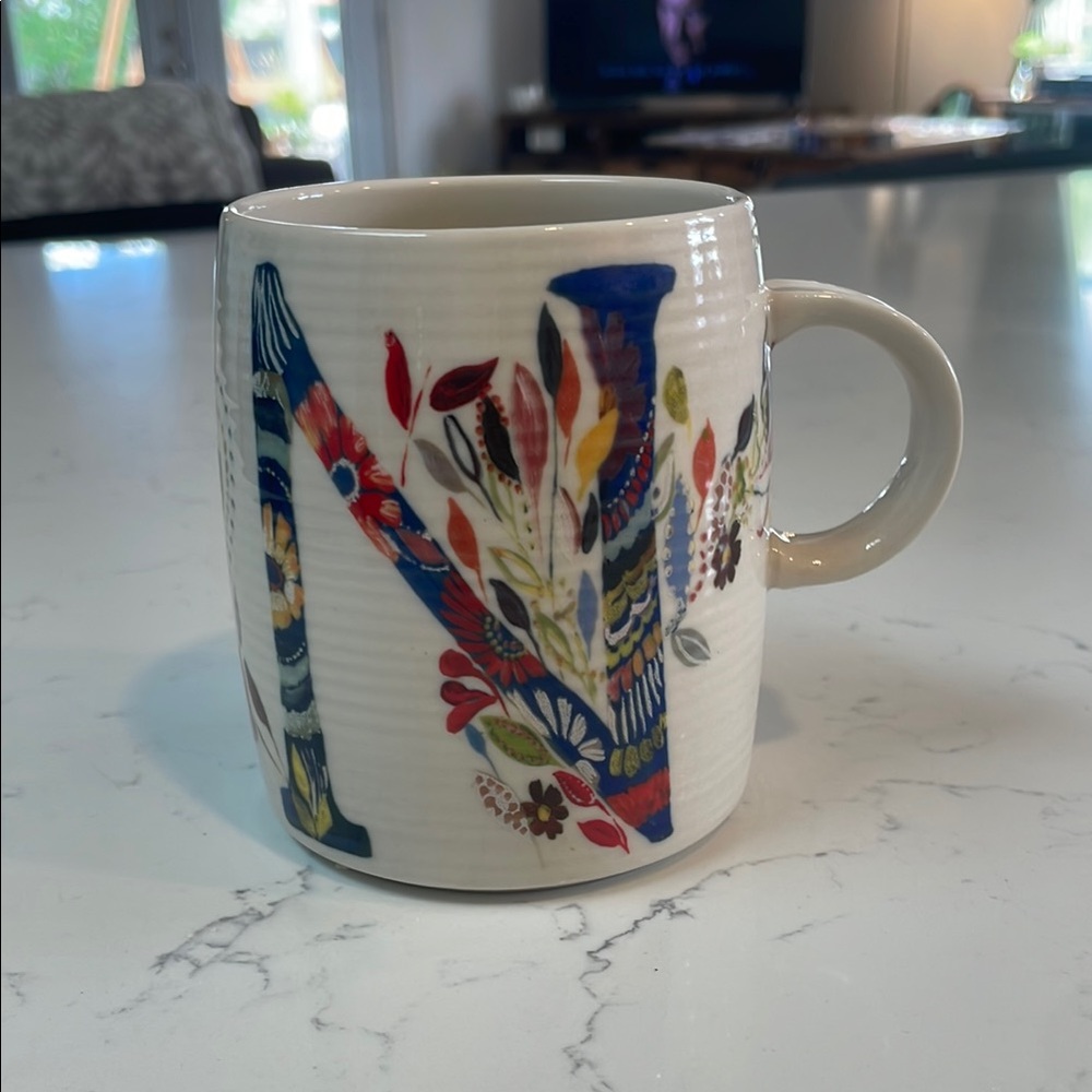 Anthropologie colorful Floral Monogram Mug 'N' by Starla M. Halfmann, 10 oz